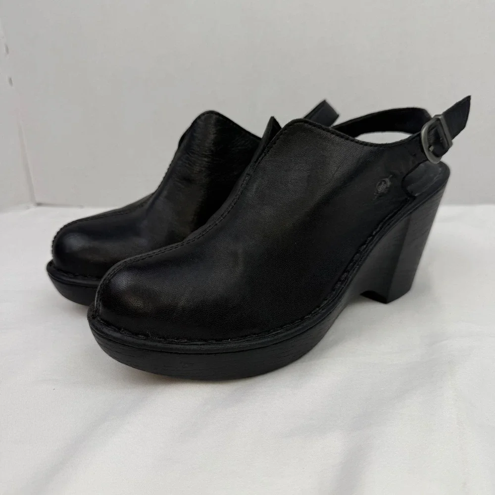 Born Black Leather Slingback Wedge Clogs D85503 Round Toe Platform Sandals 8M